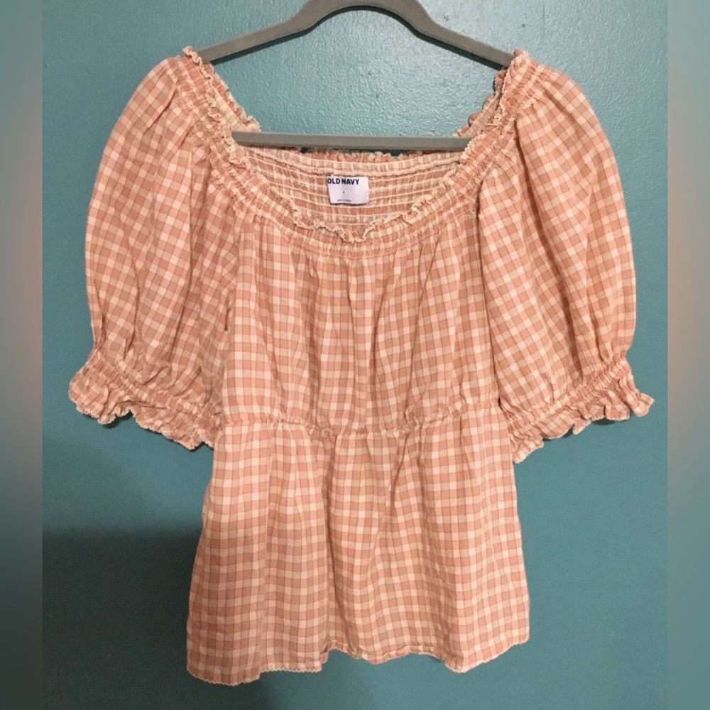 Smocked Plaid Puff-sleeve Babydoll Top Size L